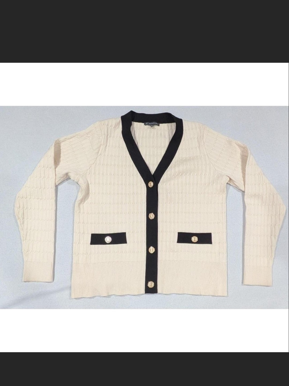 Adrianna Papell Cream Cardigan with Black Trim and Gold Buttons